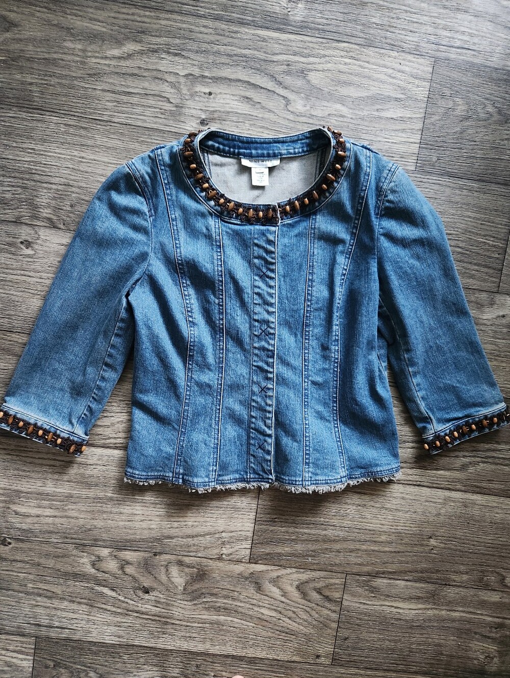Y2K Nine West Fitted Denim Cotton Blend Beaded Jacket Top Medium